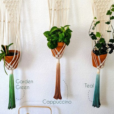 Handmade and Dip-Dyed Macrame Plant Hanger, Handwoven Ombre Colored Plant Hanging with Tassels, Sustainable Cotton Cords, Gift for Plant Mom - image3